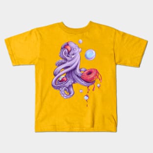 Octopus with donut and jam and red headphones with music. Bright artwork Kids T-Shirt